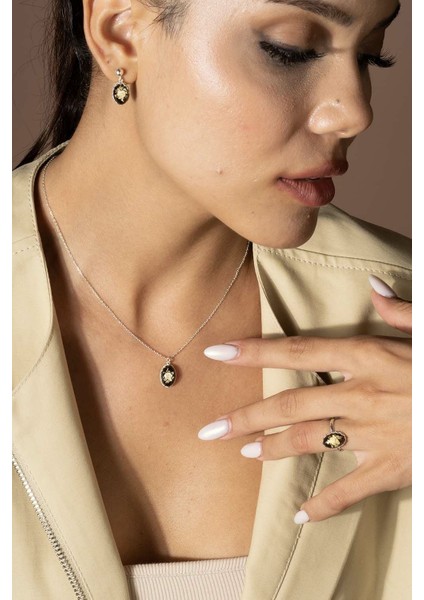 Damla Kehribar Içine Gül Desenli Minimal Gümüş Takı Seti Gümüş Rengi - 11 fiyatları