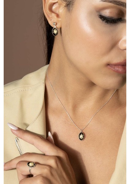 Damla Kehribar Içine Gül Desenli Minimal Gümüş Takı Seti Gümüş Rengi - 11 modelleri