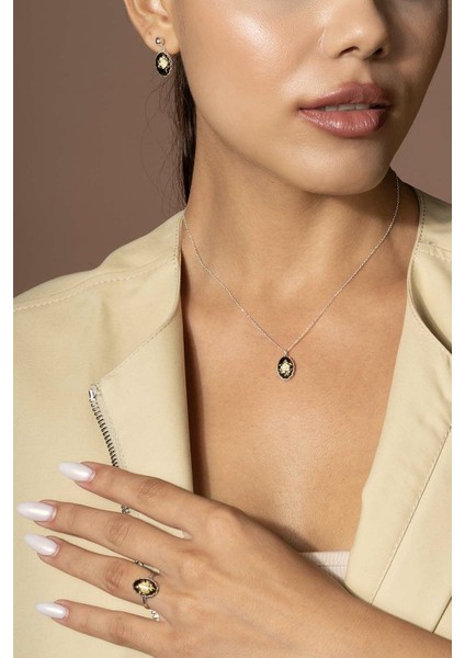 Damla Kehribar Içine Gül Desenli Minimal Gümüş Takı Seti Gümüş Rengi - 11 fırsatları