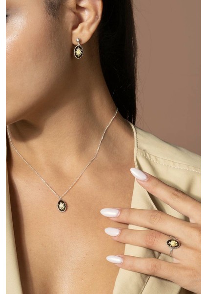 Damla Kehribar Içine Gül Desenli Minimal Gümüş Takı Seti Gümüş Rengi - 11 indirimleri