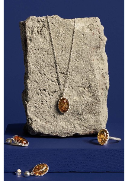 Damla Kehribar Taşlı Minimal Gümüş Takı Seti Gümüş Rengi - 10