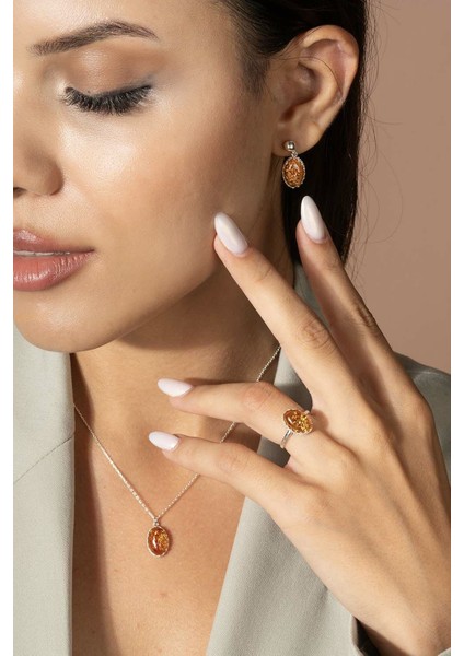 Damla Kehribar Taşlı Minimal Gümüş Takı Seti Gümüş Rengi - 10 fiyatları