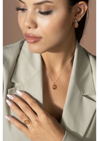 Damla Kehribar Taşlı Minimal Gümüş Takı Seti Gümüş Rengi - 10 modelleri