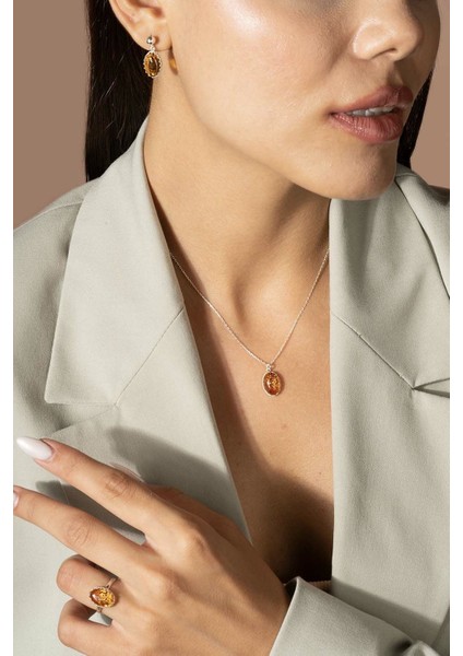 Damla Kehribar Taşlı Minimal Gümüş Takı Seti Gümüş Rengi - 10 fırsatları