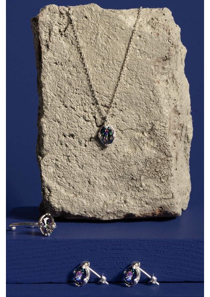 Mistik Topaz Taşlı Minimal Gümüş Kadın Takı Seti Gümüş Rengi - 11