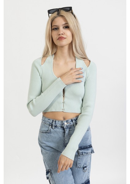 Italyan Kol Önü Agraflı Hırka, Kanca Detaylı Bluz, Boyundan Bağlamalı Crop BLUZ,60188