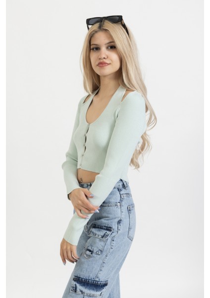 Italyan Kol Önü Agraflı Hırka, Kanca Detaylı Bluz, Boyundan Bağlamalı Crop BLUZ,60188
