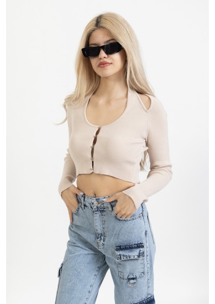 Italyan Kol Önü Agraflı Hırka, Kanca Detaylı Bluz, Boyundan Bağlamalı Crop BLUZ,60188 fırsatları