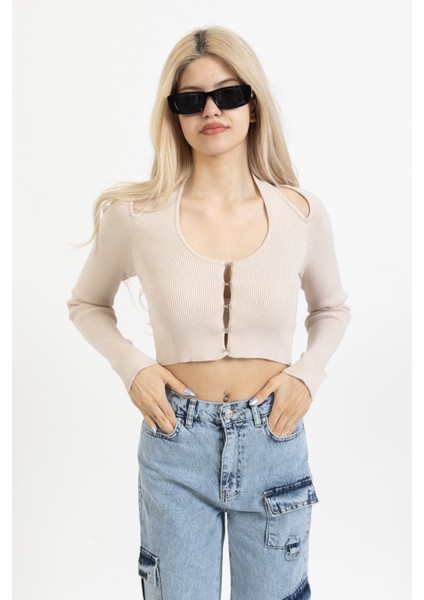 Italyan Kol Önü Agraflı Hırka, Kanca Detaylı Bluz, Boyundan Bağlamalı Crop BLUZ,60188 indirimleri