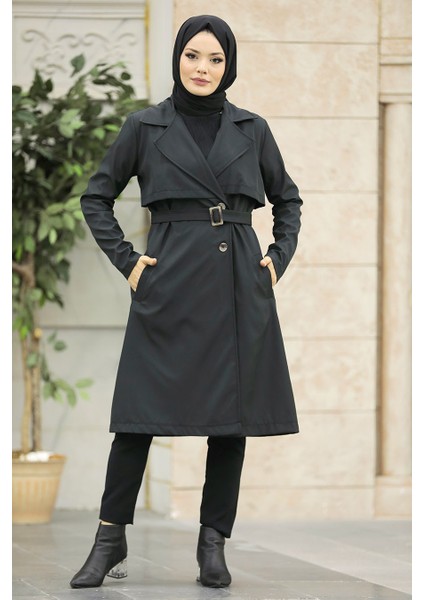 Tokalı Kemerli Siyah Tesettür Trençkot 59371S