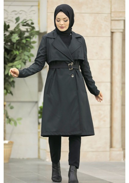 Tokalı Kemerli Siyah Tesettür Trençkot 59371S fiyatları