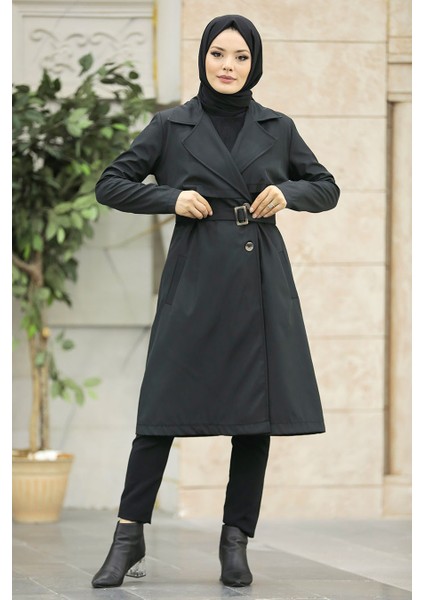 Tokalı Kemerli Siyah Tesettür Trençkot 59371S modelleri