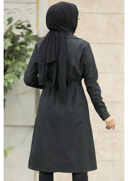 Tokalı Kemerli Siyah Tesettür Trençkot 59371S fırsatları