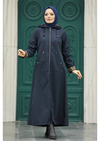 Kapşonlu Lacivert Tesettür Kaban 60623L