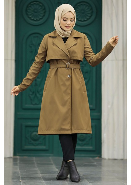 Tokalı Kemerli Kahverengi Tesettür Trençkot 59371KH