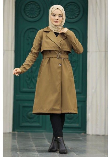 Tokalı Kemerli Kahverengi Tesettür Trençkot 59371KH fiyatları