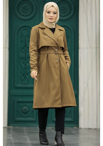 Tokalı Kemerli Kahverengi Tesettür Trençkot 59371KH modelleri