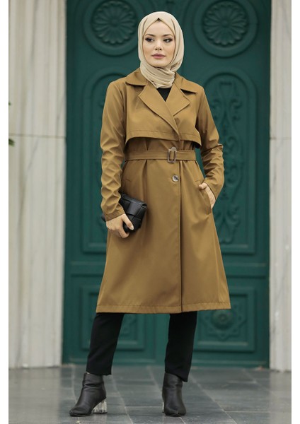 Tokalı Kemerli Kahverengi Tesettür Trençkot 59371KH fırsatları