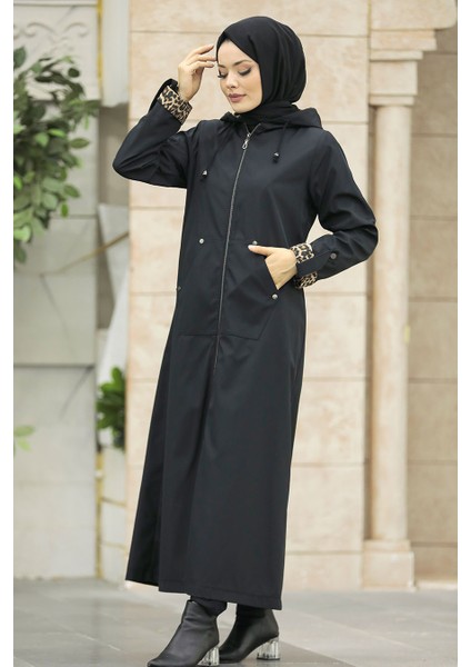 Kapşonlu Siyah Tesettür Kaban 60623S modelleri