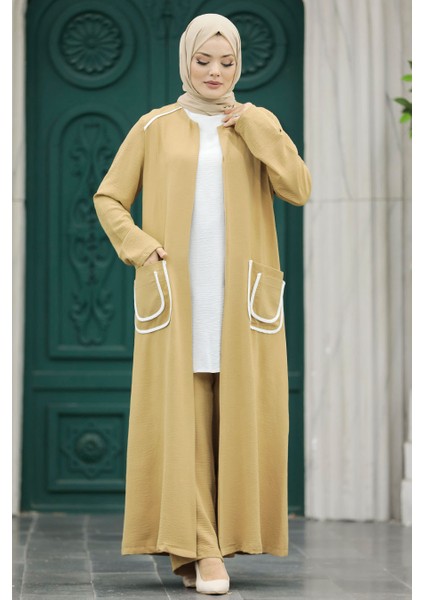 Cep Detaylı Bisküvi Tesettür Kimono Üçlü Takım 80101BS