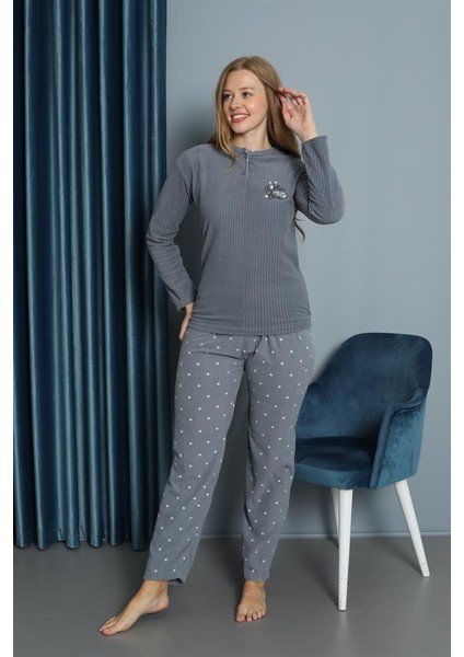 Yeni Sezon Sonbahar/kış Kadın Welsoft Yuvarlak Yaka Düz Desen Kalın Polar Pijama Takımı 30009