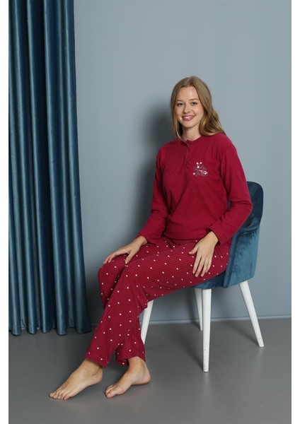 Yeni Sezon Sonbahar/kış Kadın Welsoft Yuvarlak Yaka Düz Desen Kalın Polar Pijama Takımı 30009