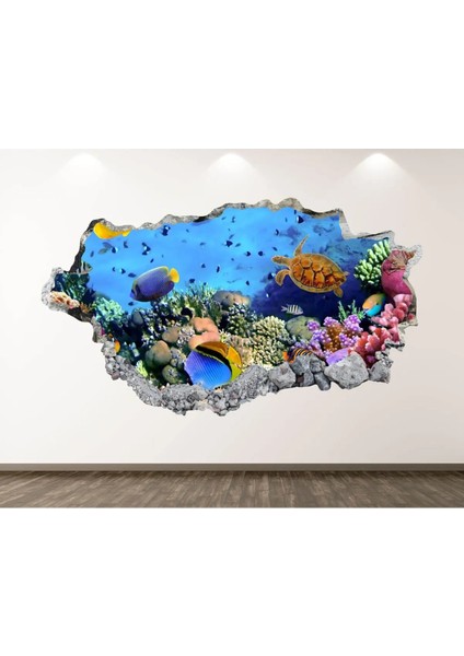 Büyük Akvaryum Balıklar ve Deniz Canlıları Full Hd Baskı 3D Duvar Sticker