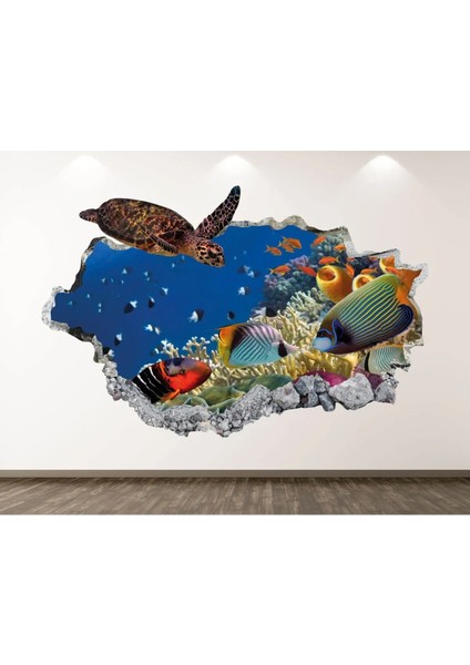 Büyük Akvaryum Balıklar ve Deniz Canlıları Full Hd Baskı 3D Duvar Sticker