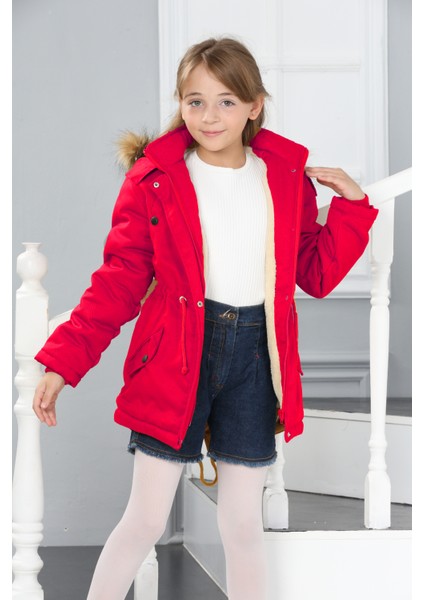 Kız Çocuk Kanvas Kumaş Su ve Rüzgar Geçirmez Çıkarılabilir Kapüşonlu İçi Kürk Astarlı Uzun Mont Kaban-MNT-0013 modelleri