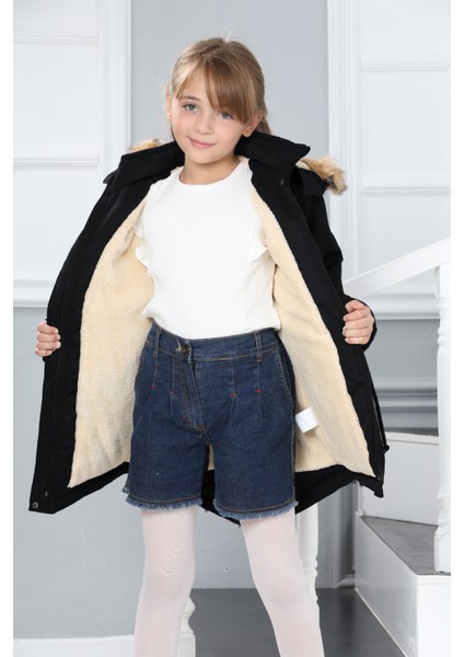 Kız Çocuk Kanvas Kumaş Su ve Rüzgar Geçirmez Çıkarılabilir Kapüşonlu İçi Kürk Astarlı Uzun Mont Kaban-MNT-0013 fiyatları