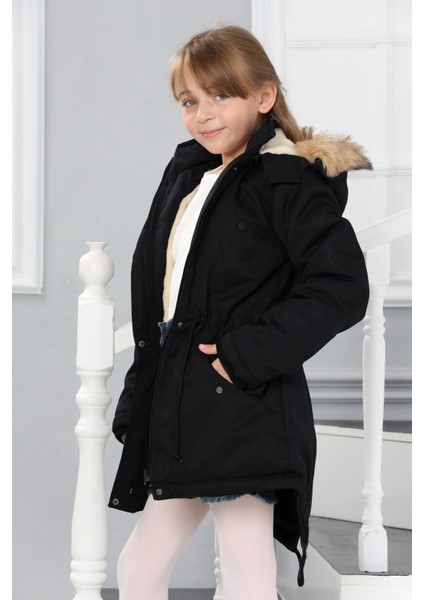Kız Çocuk Kanvas Kumaş Su ve Rüzgar Geçirmez Çıkarılabilir Kapüşonlu İçi Kürk Astarlı Uzun Mont Kaban-MNT-0013 modelleri