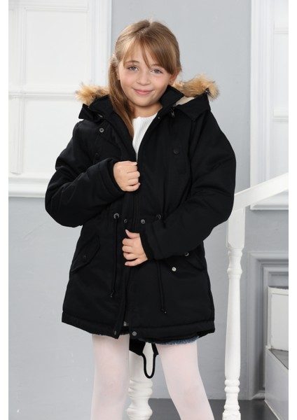 Kız Çocuk Kanvas Kumaş Su ve Rüzgar Geçirmez Çıkarılabilir Kapüşonlu İçi Kürk Astarlı Uzun Mont Kaban-MNT-0013 fırsatları