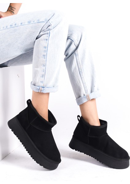 MBUCC1-S Mini Siyah Süet içi Kürklü Kalın Thermo Taban Yarım Bot & Bootie