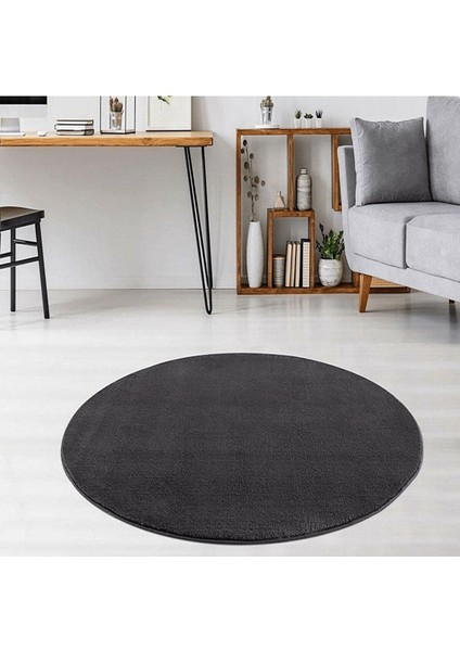 Antrasit Fluffy Yuvarlak Post Peluş Halı Kaymaz Taban Yumuşacık Yolluk