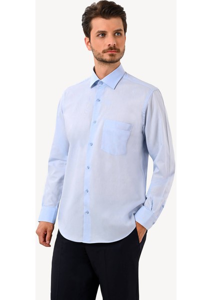 Erkek Mavi Uzun Kol Regular Fit Cepli Gömlek modelleri