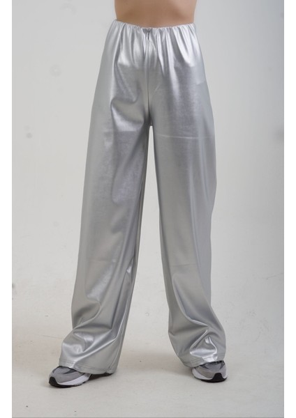 Gümüş Varak Beli Lastikli Bol Paça Pantolon