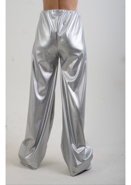 Gümüş Varak Beli Lastikli Bol Paça Pantolon