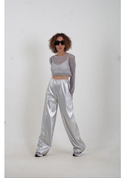 Gümüş Varak Beli Lastikli Bol Paça Pantolon