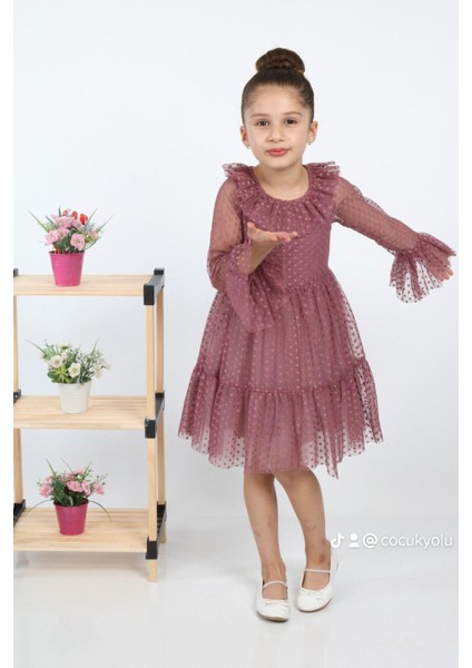 Çocukyolukids Puantiyeli Tüllü Bordo Kız Çocuk Elbise A1111141111017