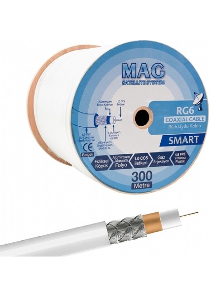 Smart Rg6/u4 64 Tel Anten Kablosu (300 Metre) Beyaz 0,3 M