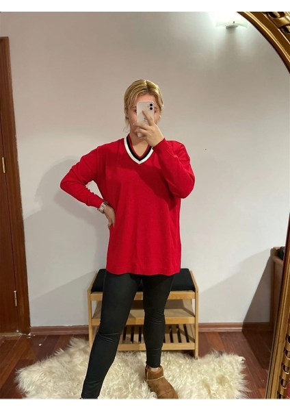 Gokilibutik Kadın Kırmızı Uzun Kollu V Yaka Triko Bluz modelleri