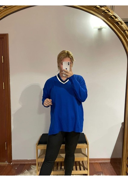 Gokilibutik Kadın V yaka Mavi Uzun kollu Triko Bluz Sim modelleri