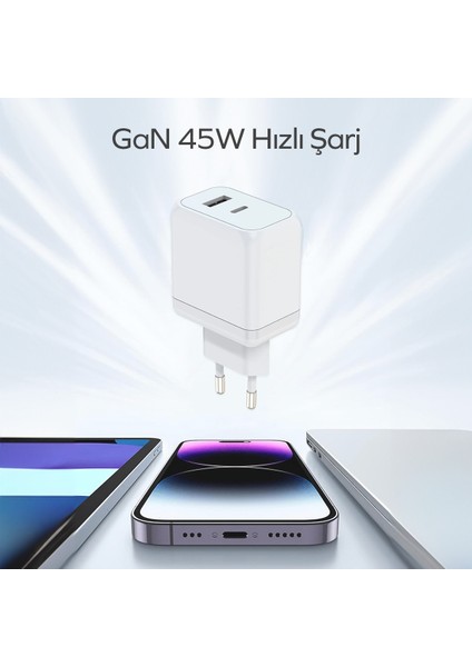 by Deji Gan 45W Type-C PD ve USB Süper Hızlı Şarj Aleti, 1.2M 60W Type-C Kablo