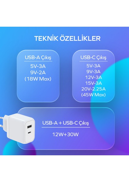 by Deji Gan 45W Type-C PD ve USB Süper Hızlı Şarj Aleti, 1.2M 60W Type-C Kablo