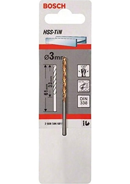 Titanyum Metal Matkap Ucu Hss-Tin, Din 338 3 x 33 x 61 mm