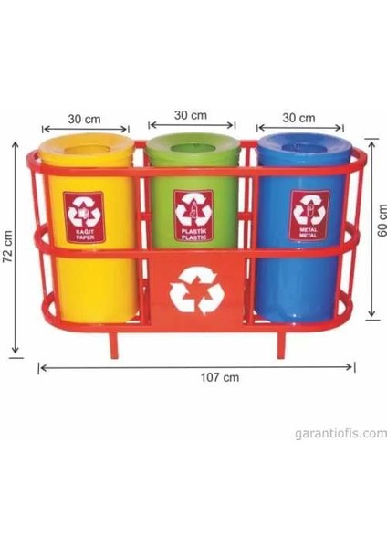 Garanti Metal 1806 Boyalı Kafesli 3 Lü Geri Dönüşüm Çöp Kovası