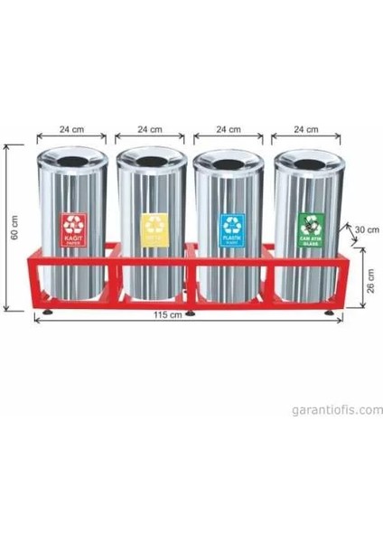 Garanti Metal 1812 Kafesli Paslanmaz Çelik 4 Lü Geri Dönüşüm Çöp Kovası