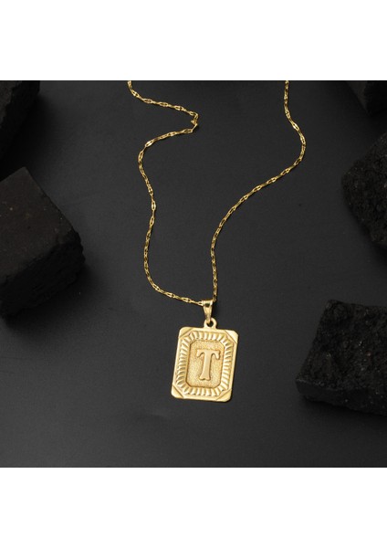 14 Ayar Altın T Harf Kolye Kare Plakalı fırsatları