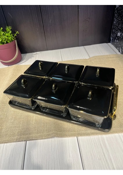Kare Porselen Tepsili ve Kapaklı Cam Kahvaltılık Sunumluk Çerezlik 6'lı