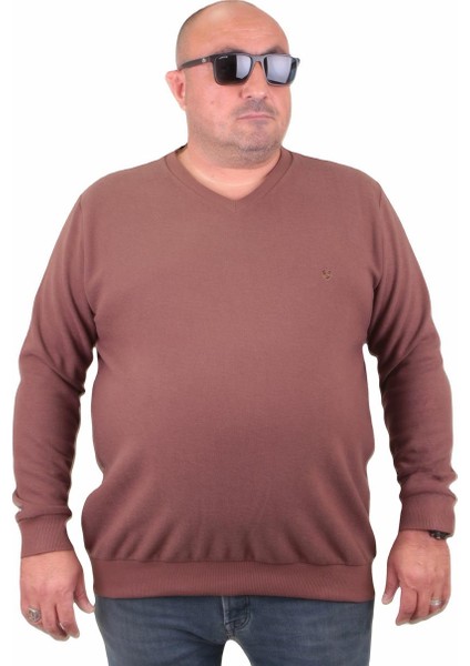 Mocgrande Büyük Beden Selanik V Yaka Classic Sweat 23201 Taba